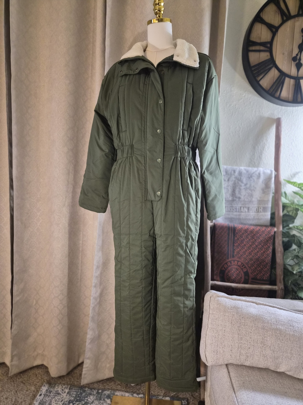 Universal Thread Olive Green Quilted Ski Jumpsuit with Sherpa Collar